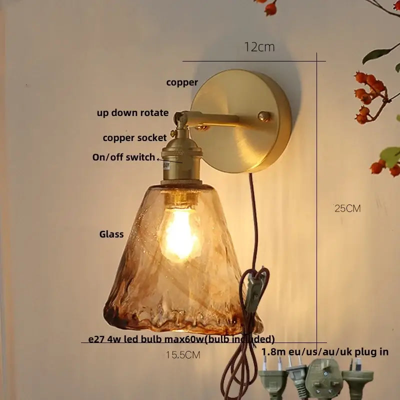 Vintage gold and amber glass led wall light bedroom sconce