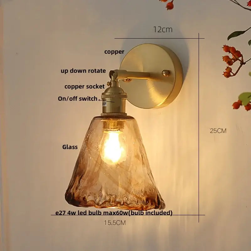 Vintage gold and amber glass led wall light bedroom sconce