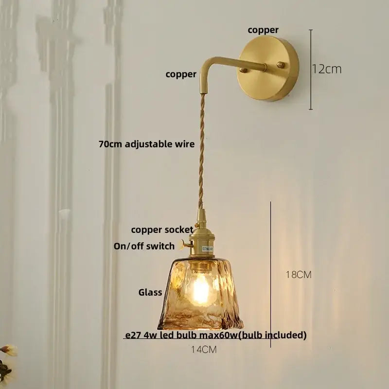 Vintage gold and amber glass led wall light bedroom sconce
