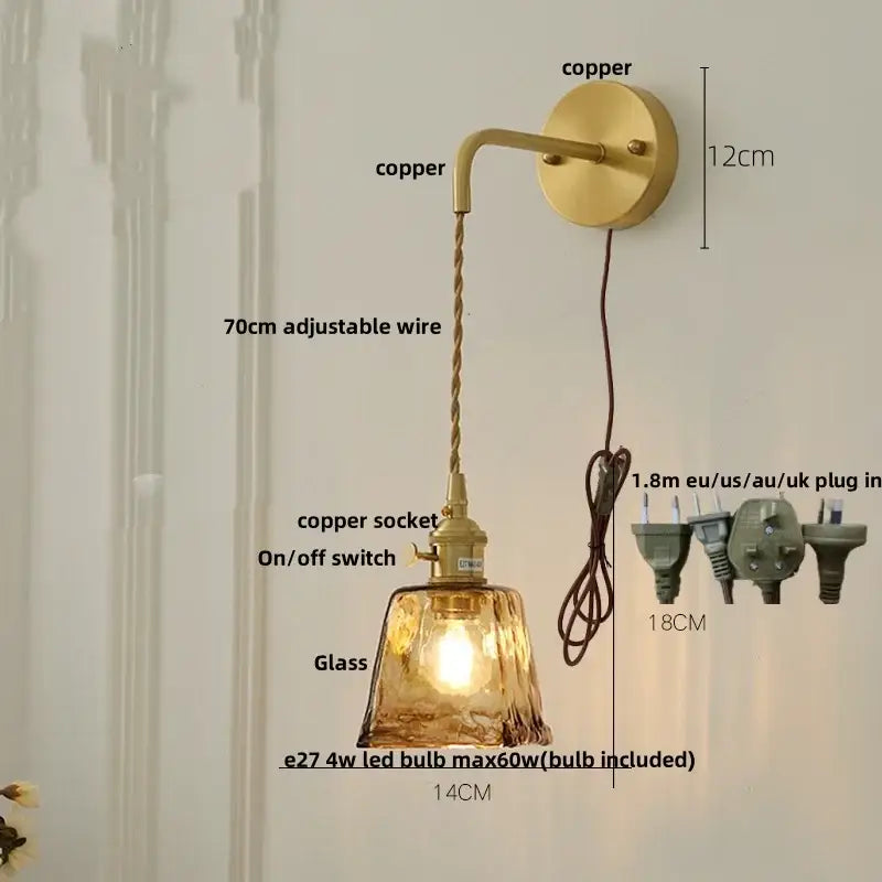 Vintage gold and amber glass led wall light bedroom sconce