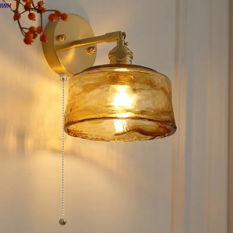 Vintage gold and amber glass led wall light bedroom sconce