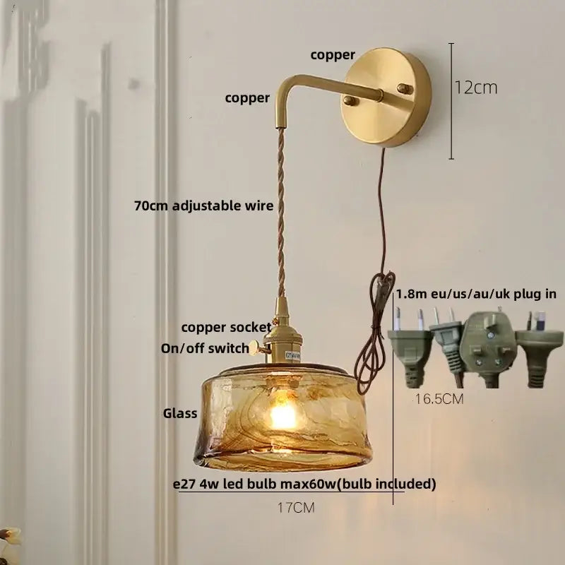 Vintage gold and amber glass led wall light bedroom sconce