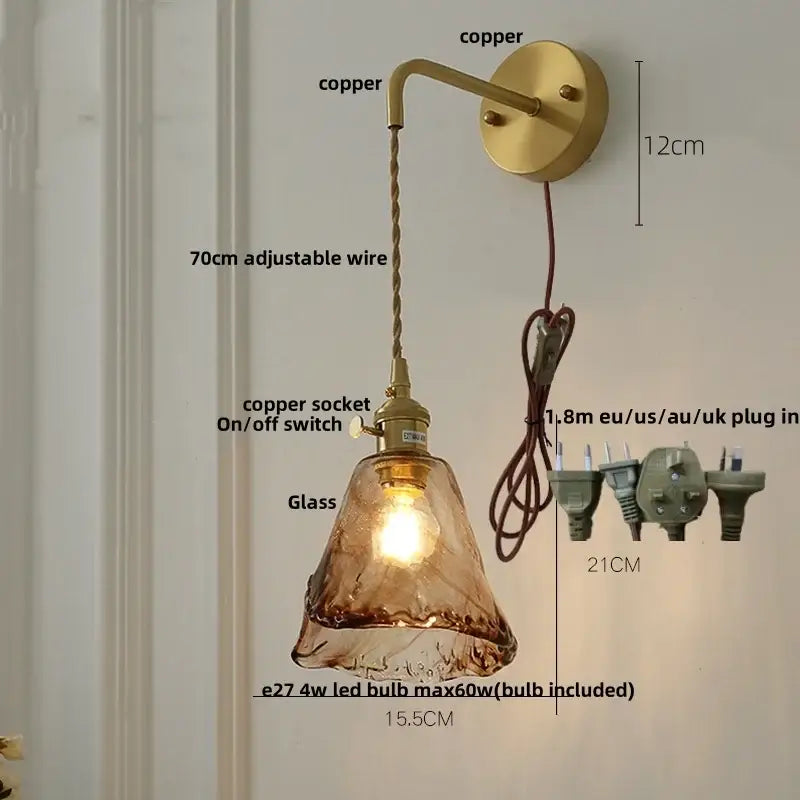 Vintage gold and amber glass led wall light bedroom sconce