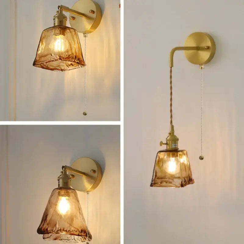 Vintage gold and amber glass led wall light bedroom sconce