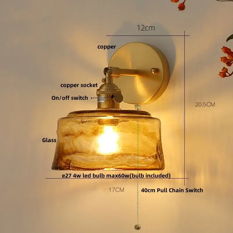 Vintage gold and amber glass led wall light bedroom sconce
