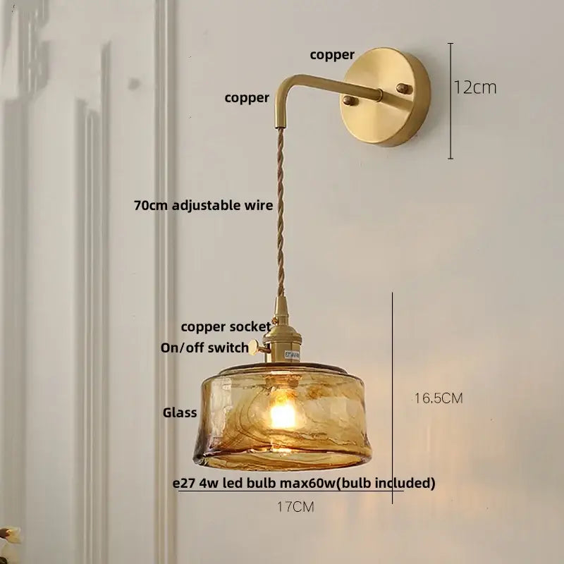 Vintage gold and amber glass led wall light bedroom sconce