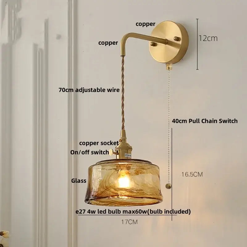 Vintage gold and amber glass led wall light bedroom sconce