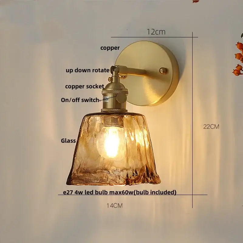 Vintage gold and amber glass led wall light bedroom sconce