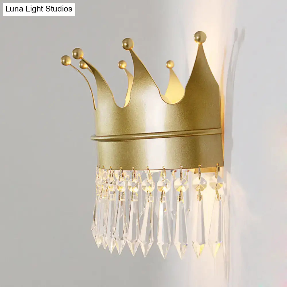 Vintage gold crown clear crystal wall lamp bedroom sconce