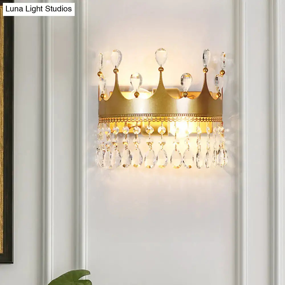 Vintage gold crown clear crystal wall lamp bedroom sconce