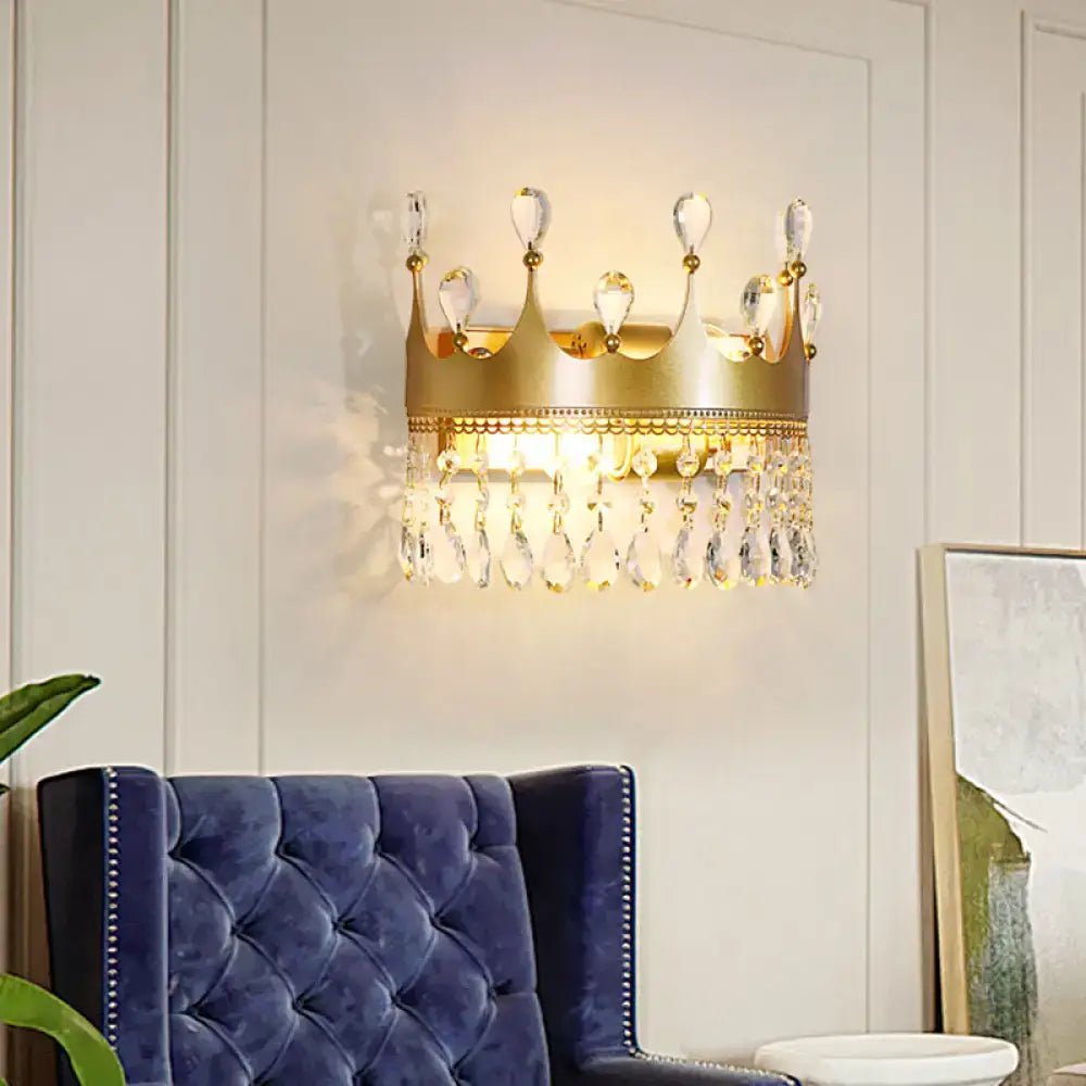 Vintage gold crown clear crystal wall lamp bedroom sconce