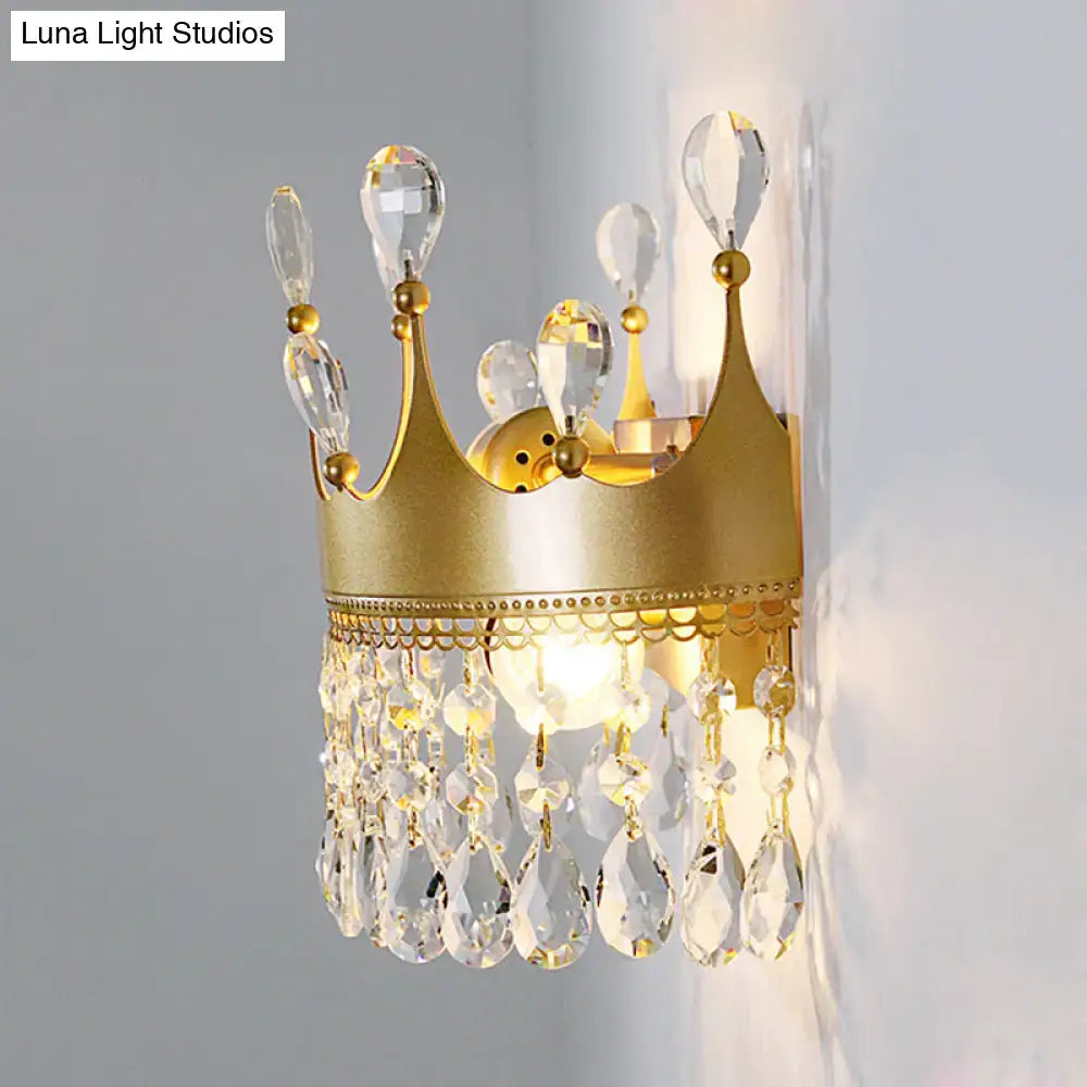 Vintage gold crown clear crystal wall lamp bedroom sconce