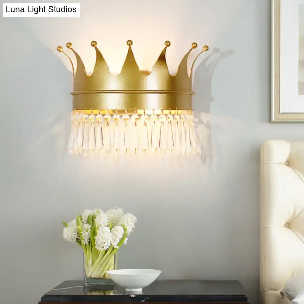Vintage gold crown clear crystal wall lamp bedroom sconce