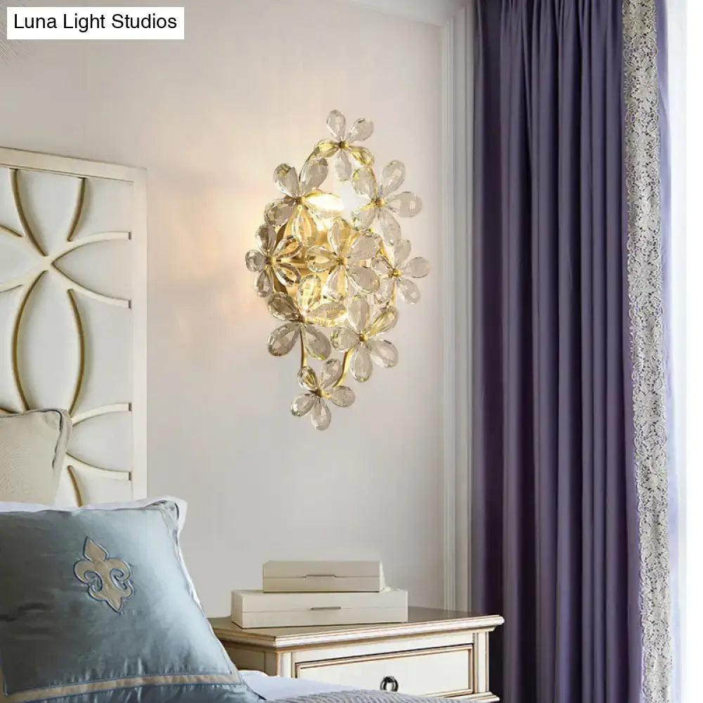 Vintage gold crystal flower wall sconce bedroom light