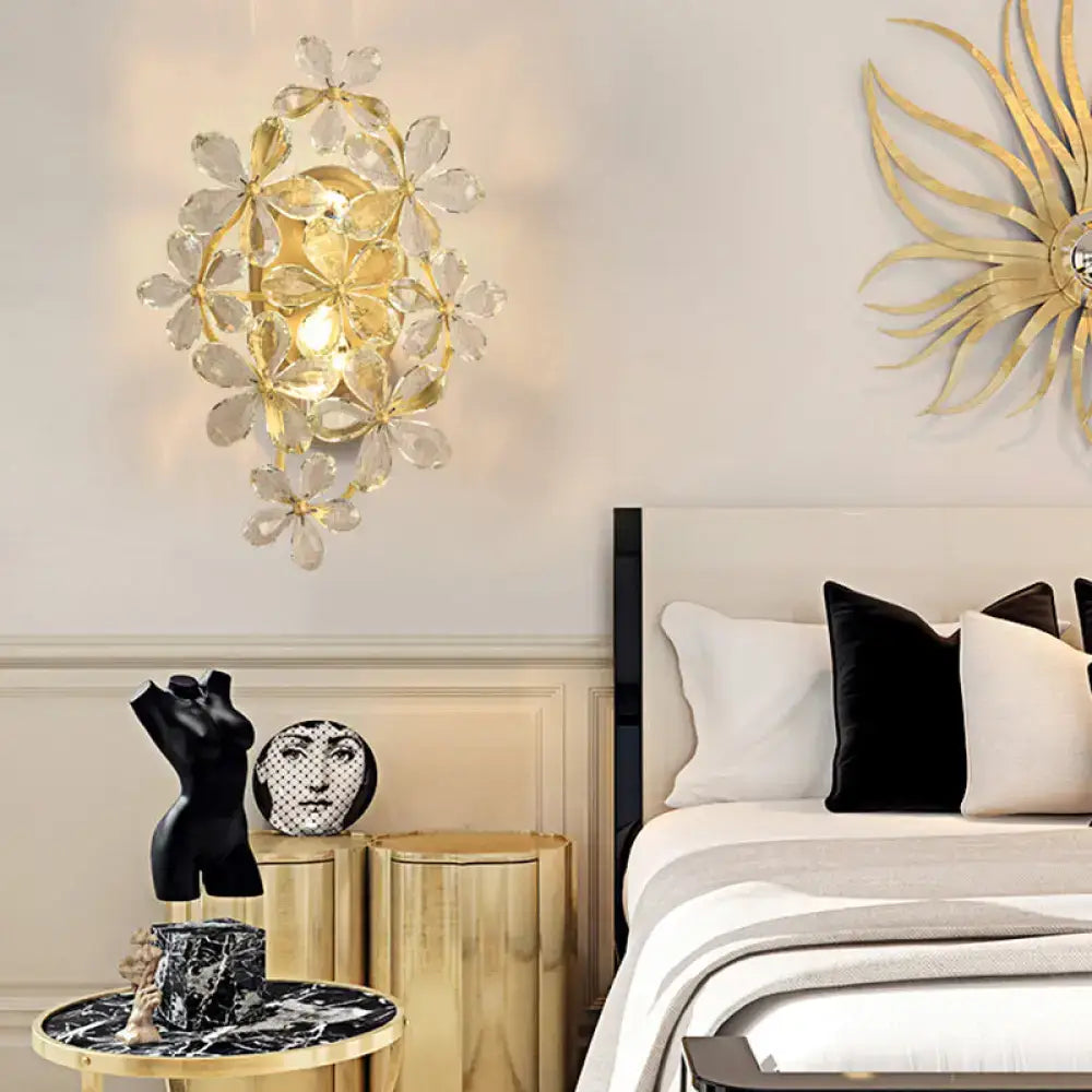 Vintage gold crystal flower wall sconce bedroom light