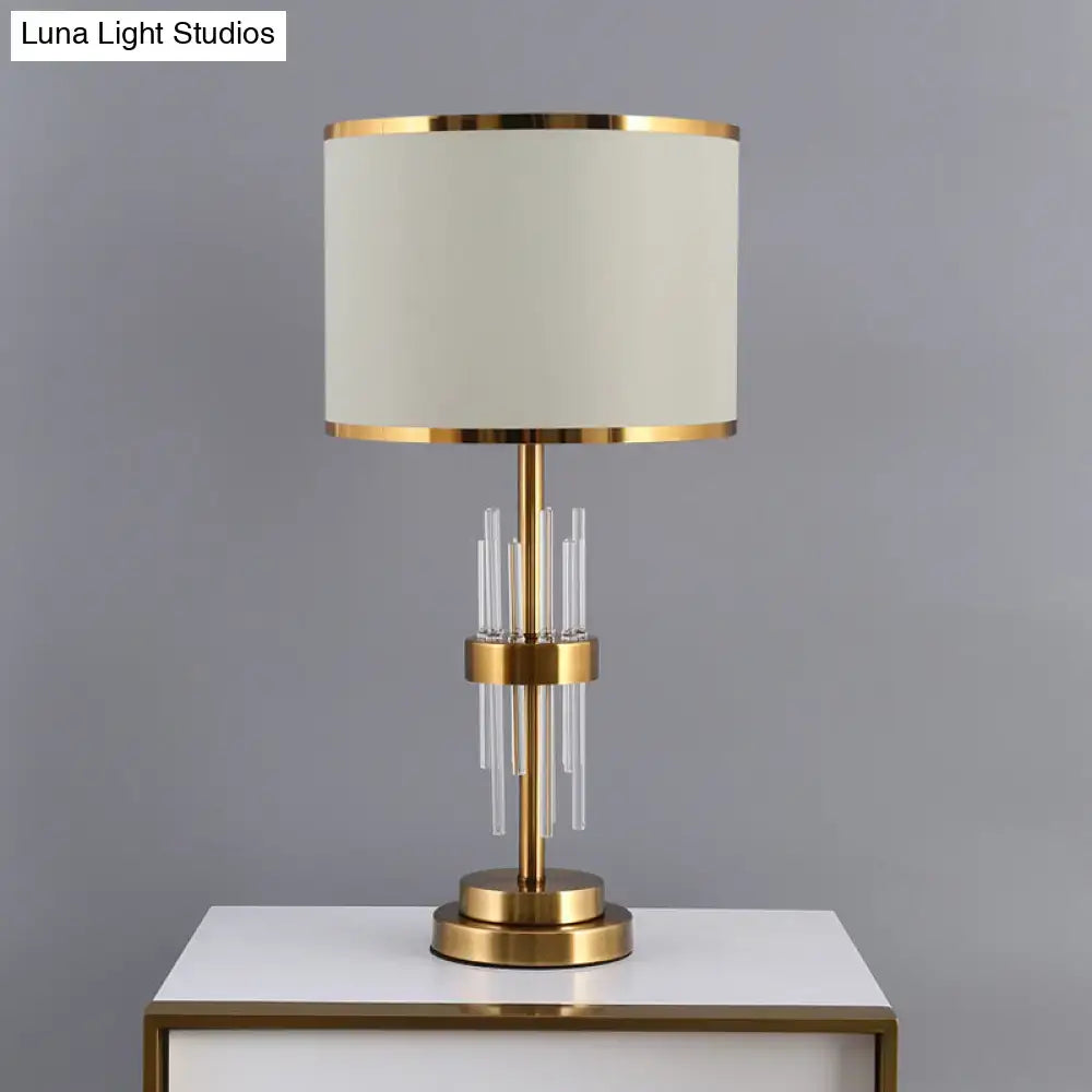 Vintage gold drum fabric nightstand lamp with crystals for bedroom