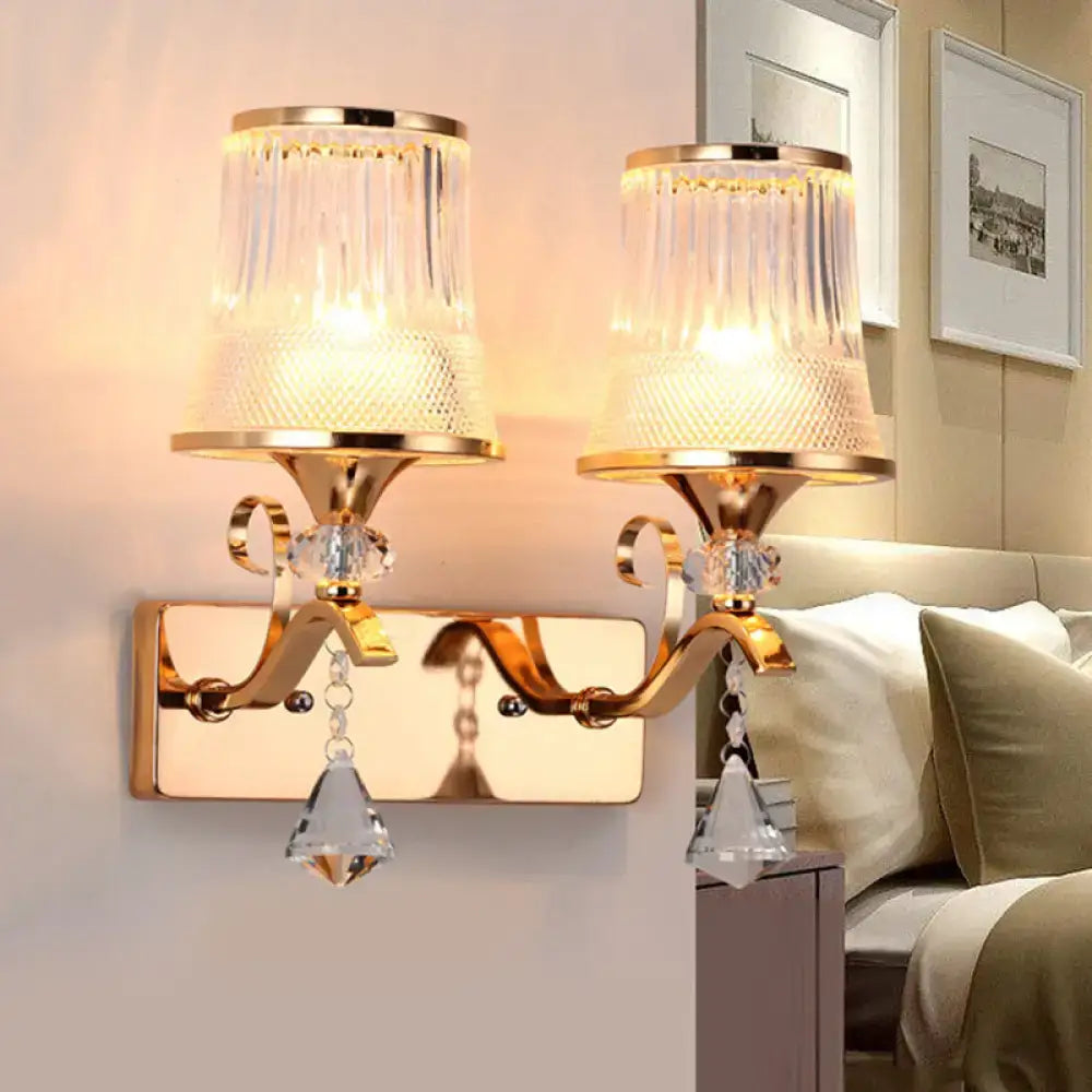 Vintage gold finish crystal wall lamp – bedroom clear glass sconce