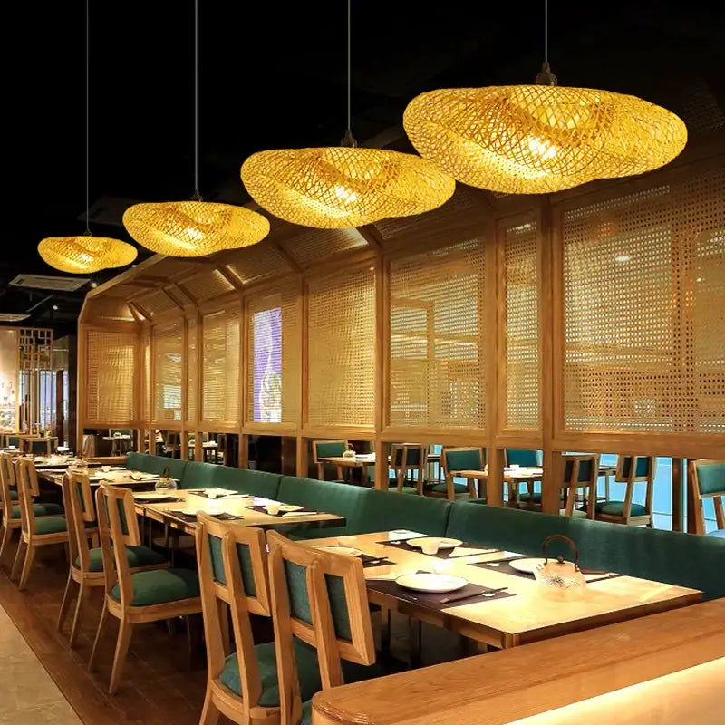 Vintage golden bamboo led pendant light dining room handcrafted weave