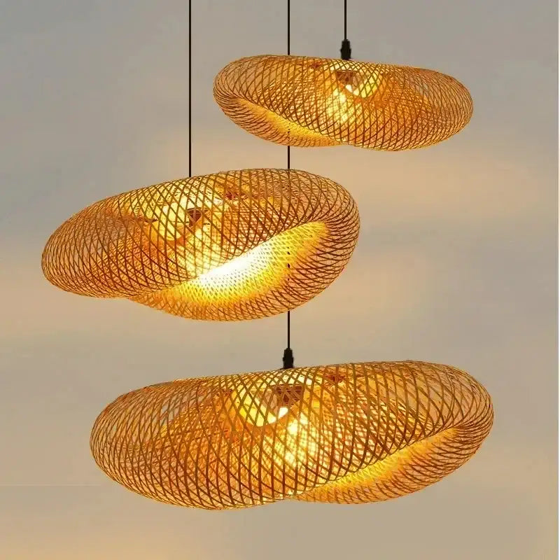 Vintage golden bamboo led pendant light dining room handcrafted weave
