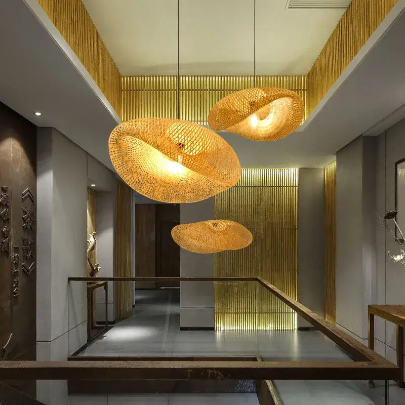 Vintage golden bamboo weave led pendant light for dining room