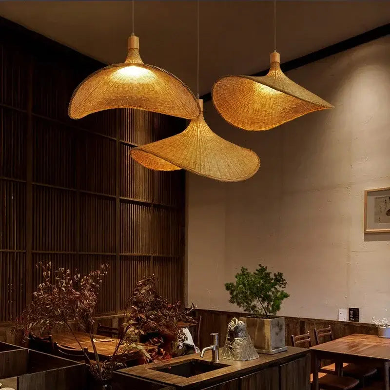 Vintage golden brown bamboo wicker chandelier dining room pendant light