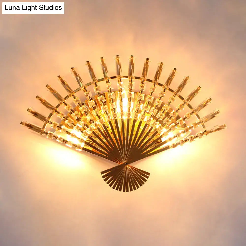 Vintage golden fan sconce lamp living room crystal wall light