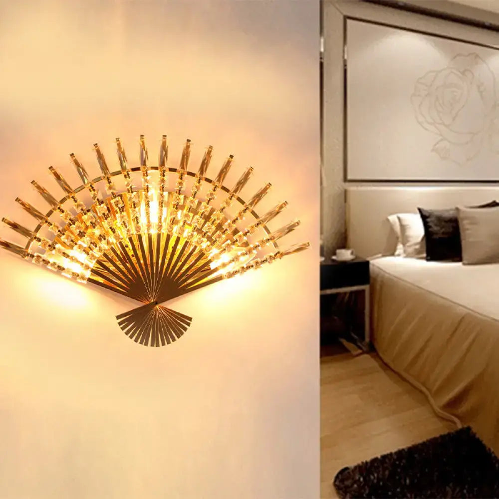 Vintage golden fan sconce lamp living room crystal wall light