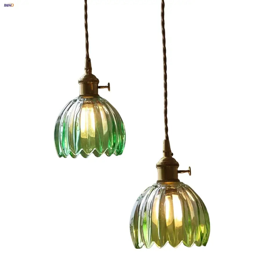 Vintage green glass led pendant light kitchen brass fixture
