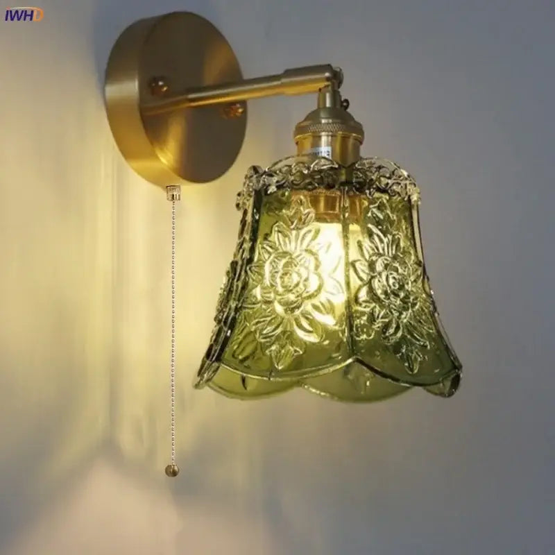 Vintage green glass led wall lights bedroom sconce with pull chain