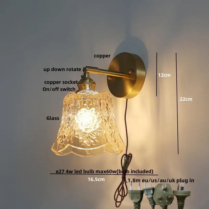Vintage green glass led wall lights bedroom sconce with pull chain