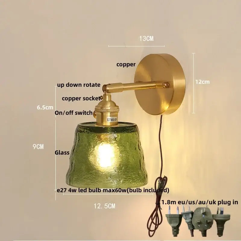 Vintage green glass led wall lights bedroom sconce with pull chain
