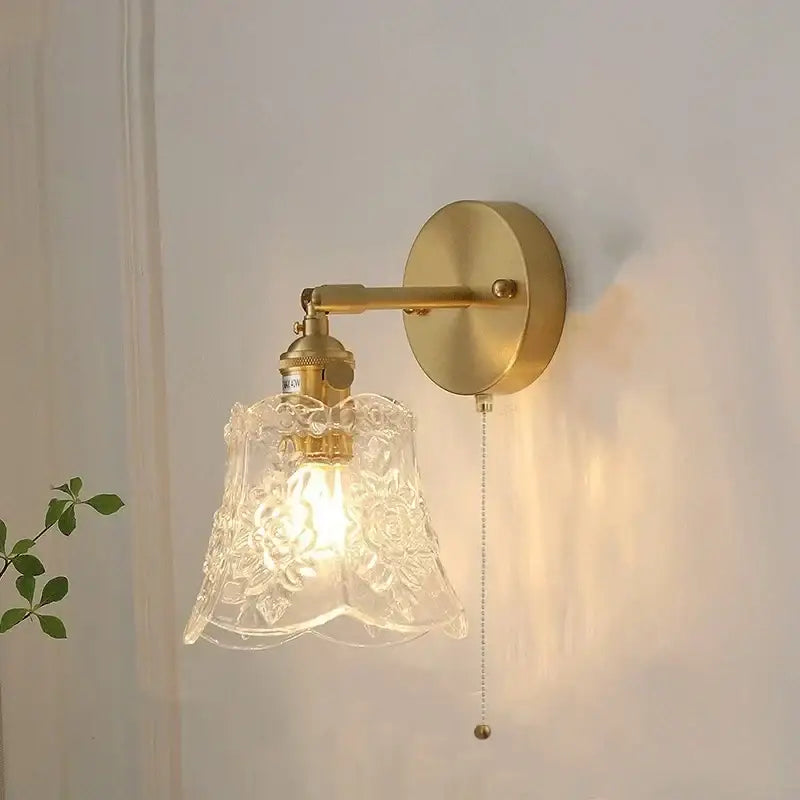 Vintage green glass led wall lights bedroom sconce with pull chain