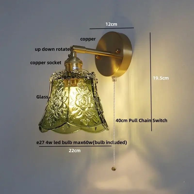 Vintage green glass led wall lights bedroom sconce with pull chain