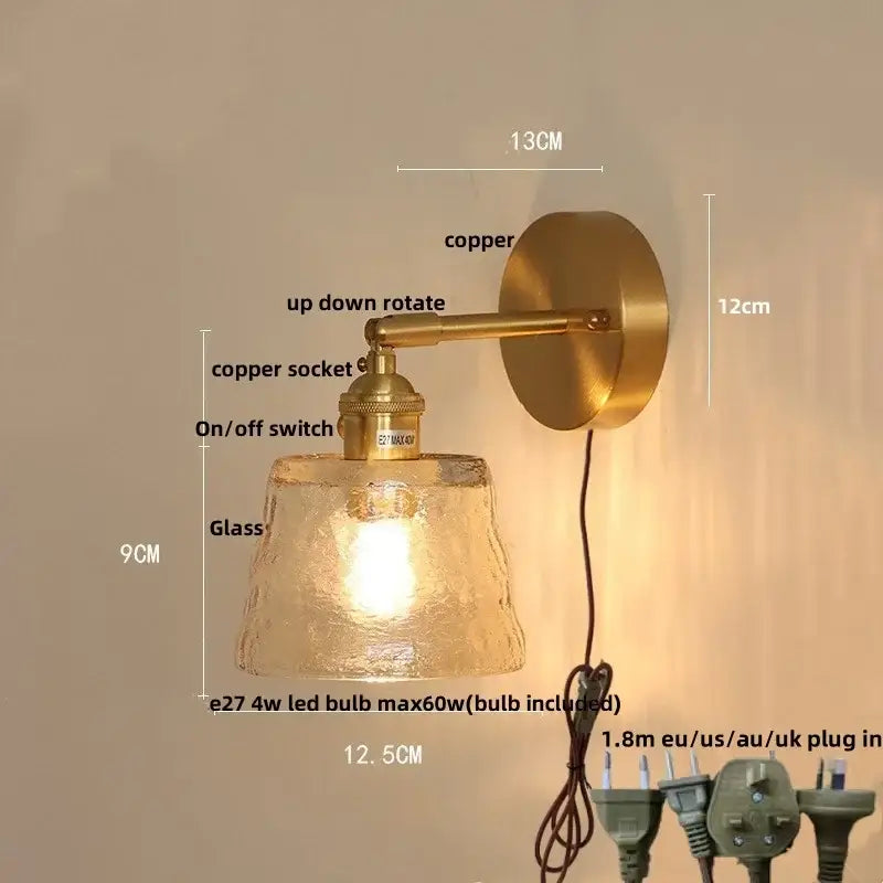 Vintage green glass led wall lights bedroom sconce with pull chain