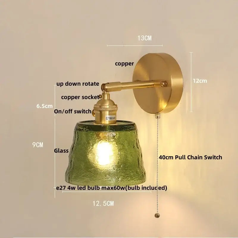 Vintage green glass led wall lights bedroom sconce with pull chain