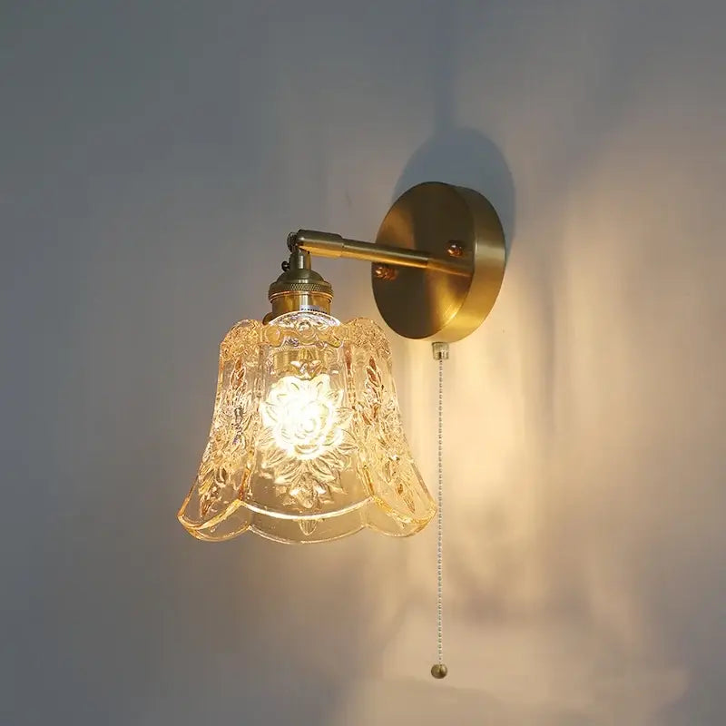 Vintage green glass led wall lights bedroom sconce with pull chain