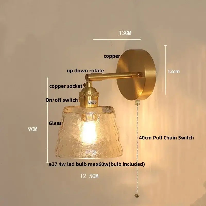 Vintage green glass led wall lights bedroom sconce with pull chain