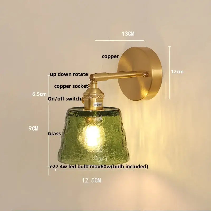 Vintage green glass led wall lights bedroom sconce with pull chain