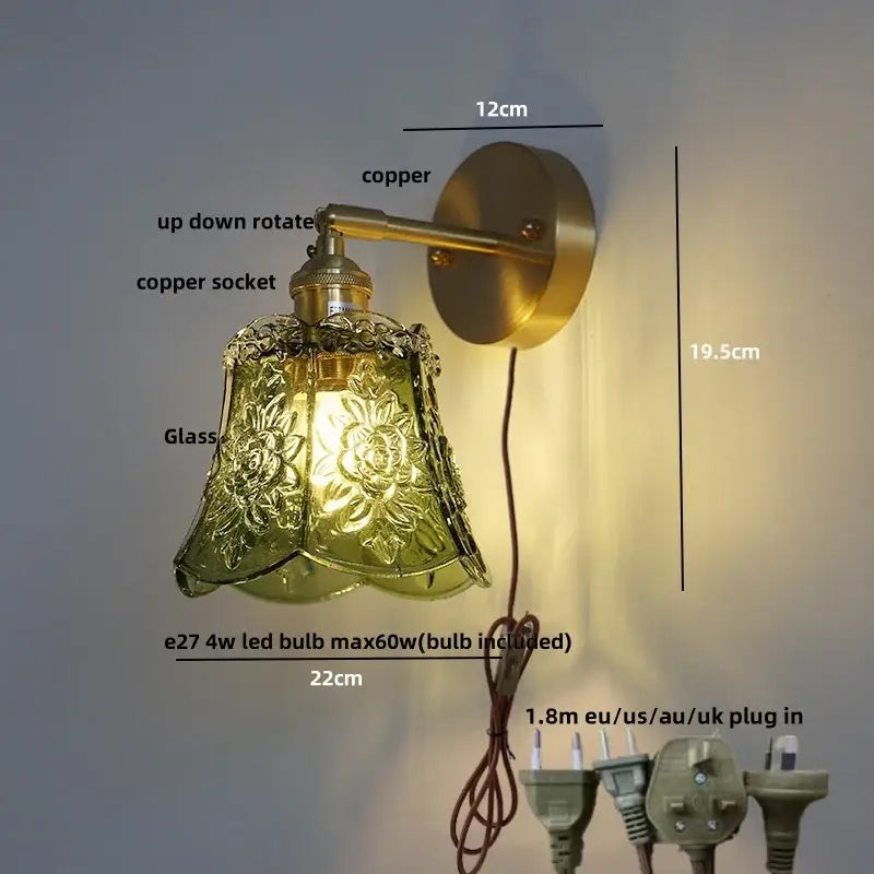 Vintage green glass led wall lights bedroom sconce with pull chain