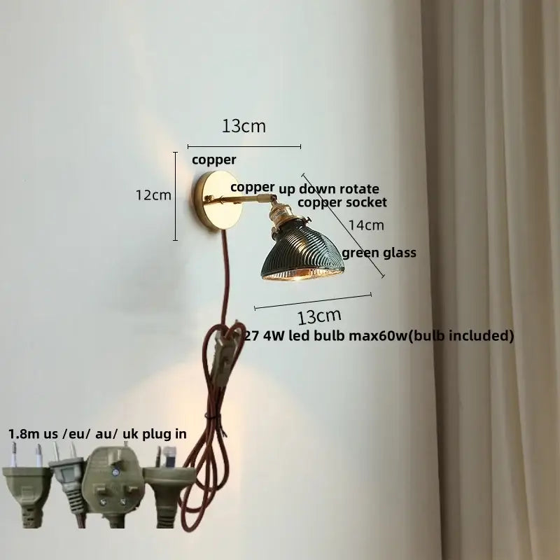 Vintage green glass led wall sconce bedroom brass stair light