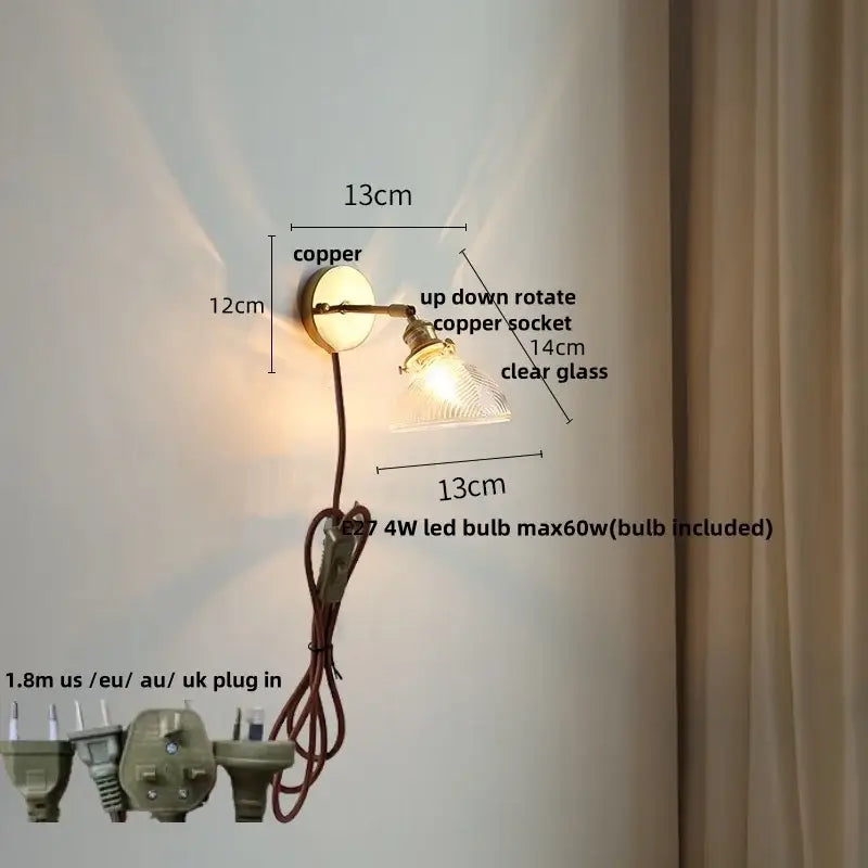 Vintage green glass led wall sconce bedroom brass stair light