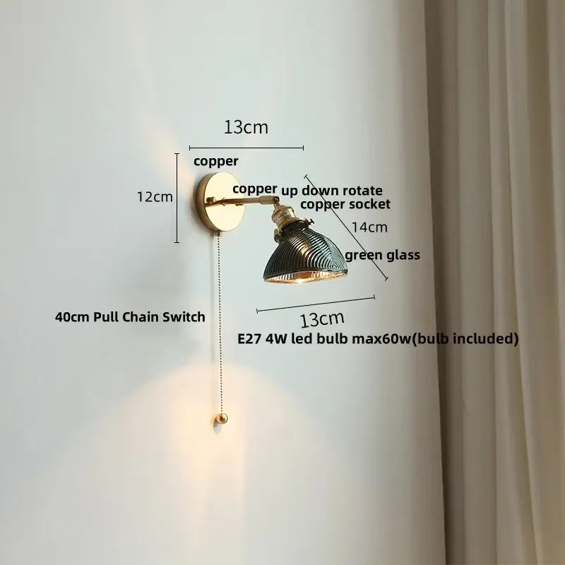 Vintage green glass led wall sconce bedroom brass stair light