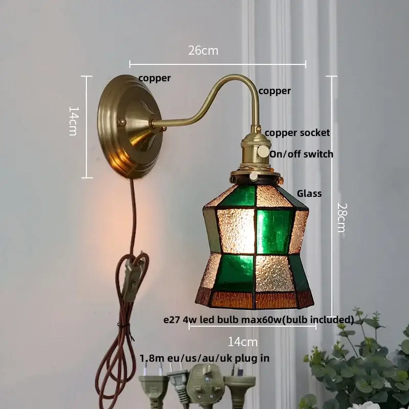 Vintage green glass led wall sconce brass star stair light