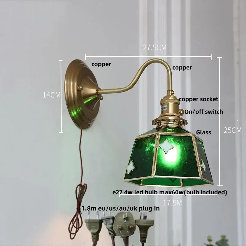 Vintage green glass led wall sconce brass star stair light