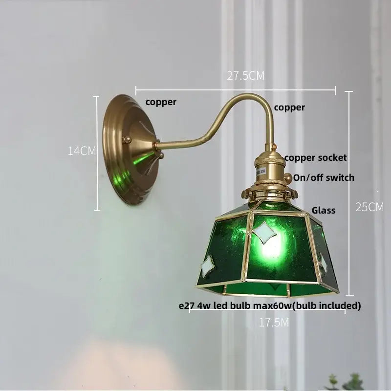 Vintage green glass led wall sconce brass star stair light