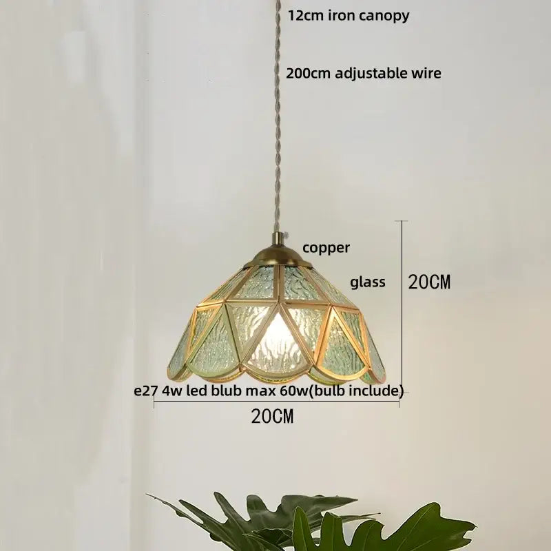 Vintage green glass pendant light for dining room with wood beads