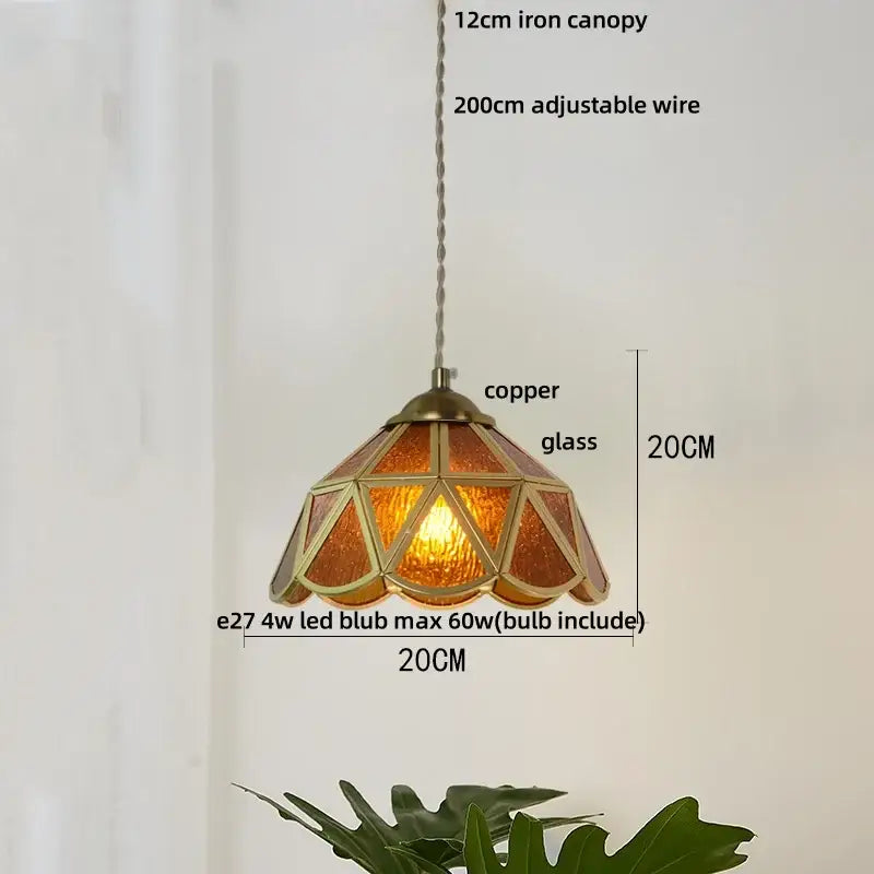 Vintage green glass pendant light for dining room with wood beads