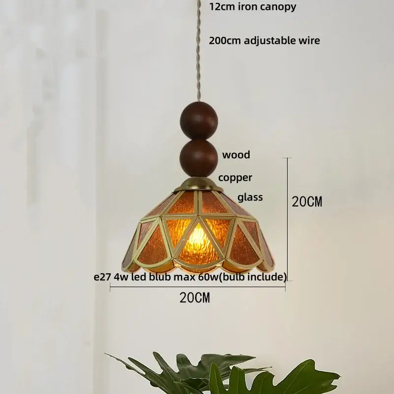 Vintage green glass pendant light for dining room with wood beads