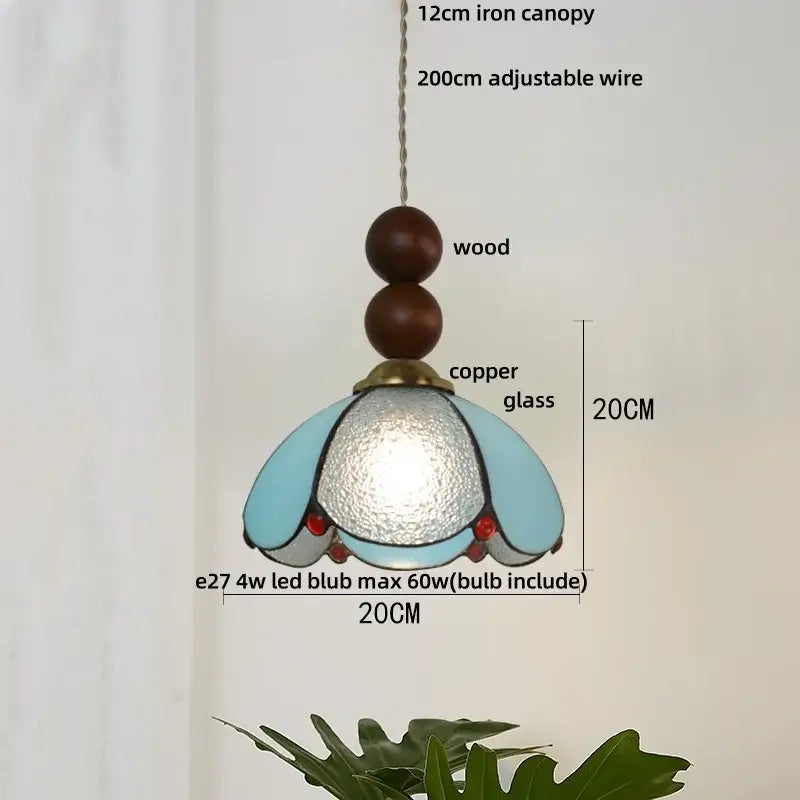 Vintage green glass pendant light for dining room with wood beads