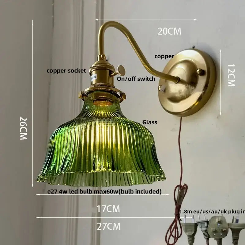 Vintage green glass wall light bedroom copper knob switch